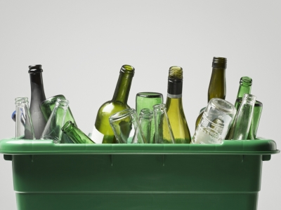 Glass bottles and jars ready for a recycling collection